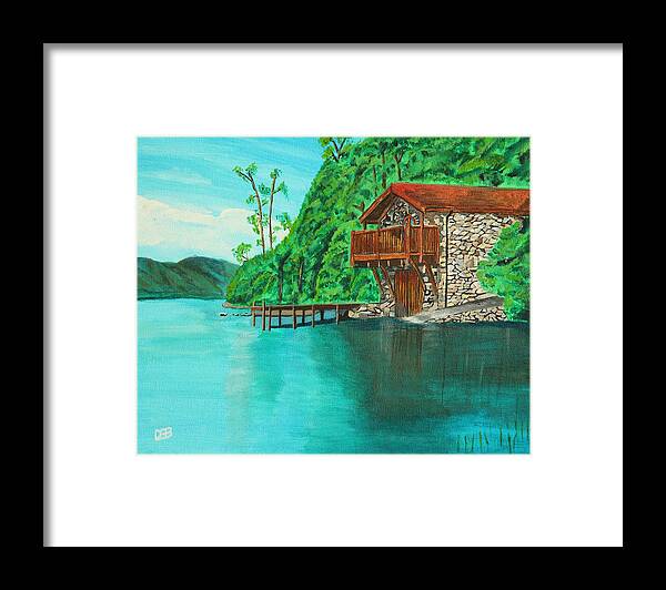 Water Framed Print featuring the painting Cottage on lake by David Bigelow