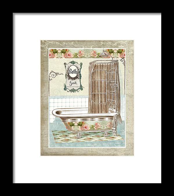 Vintage Framed Print featuring the painting Cottage Roses - Victorian Claw Foot Tub Bathroom Art by Audrey Jeanne Roberts