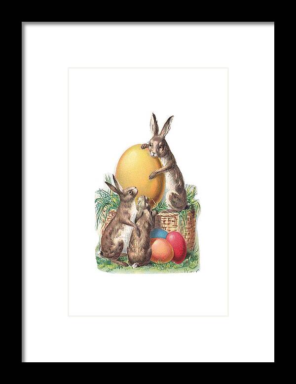Vintage Rabbits Framed Print featuring the digital art Cottontails and Eggs by Kim Kent