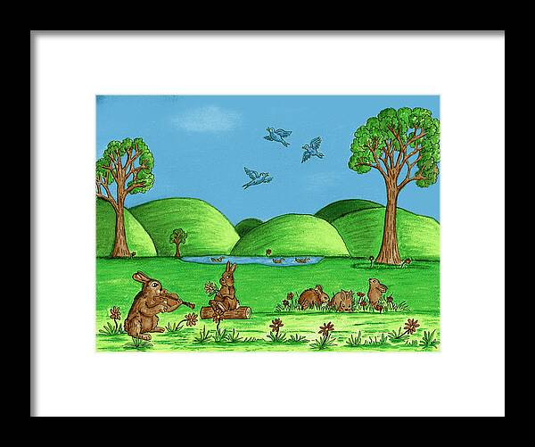 Landscape Framed Print featuring the drawing Country Bunnies by Christina Wedberg