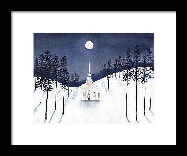 Church Framed Print featuring the painting Country Church in Moonlight 2, Silent Night by Conni Schaftenaar