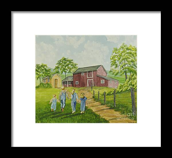 Country Kids Art Framed Print featuring the painting Country Kids by Charlotte Blanchard