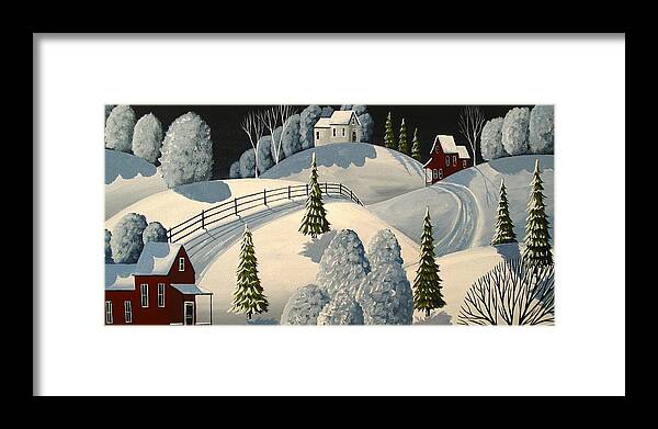 Art Framed Print featuring the painting Country Winter Night - folk art landscape by Debbie Criswell