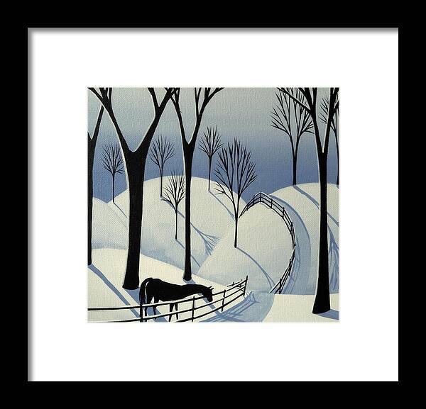 Folk Art Framed Print featuring the painting Country Winter Road - horse snow folk art by Debbie Criswell