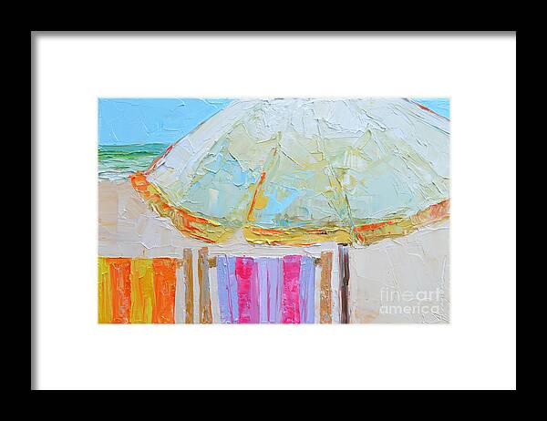 Couple At The Beach Under A White Umbrella On A Sunny Day Framed Print featuring the painting Beach Chairs under White Umbrella - Modern Impressionist Knife Palette Oil Painting by Patricia Awapara