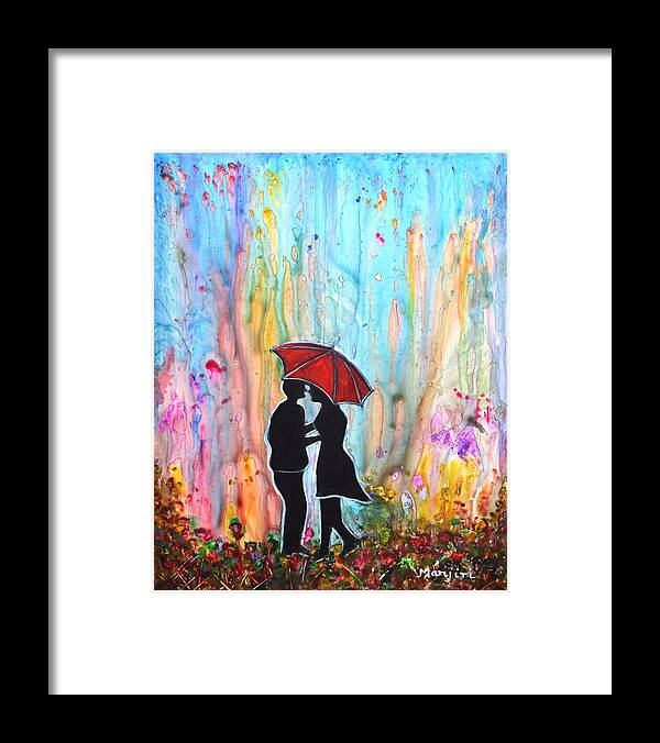 Valentinegift Framed Print featuring the painting Couple on a Rainy Date romantic painting for valentine by Manjiri Kanvinde