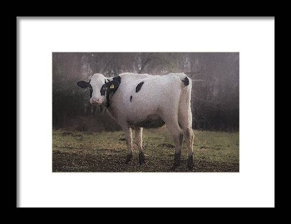 Landscape Framed Print featuring the digital art Cow in Field by Darlene Freas