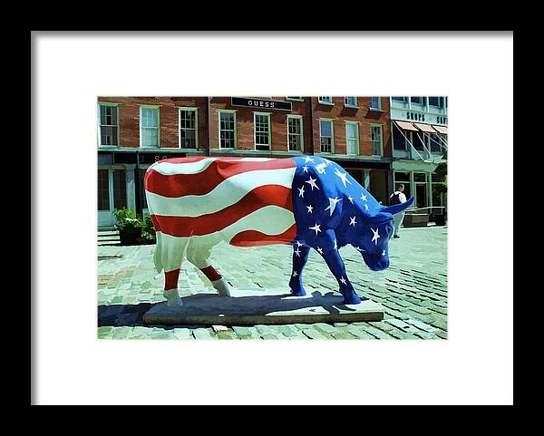 Americow The Beautiful Framed Print featuring the photograph Cow Parade N Y C 2000 - Americow the Beautiful by Allen Beatty