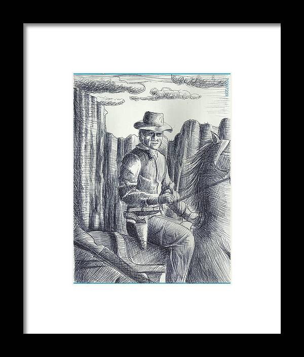With Memories Of Western Movies Framed Print featuring the drawing Cowboy by Ahmed Alrassam