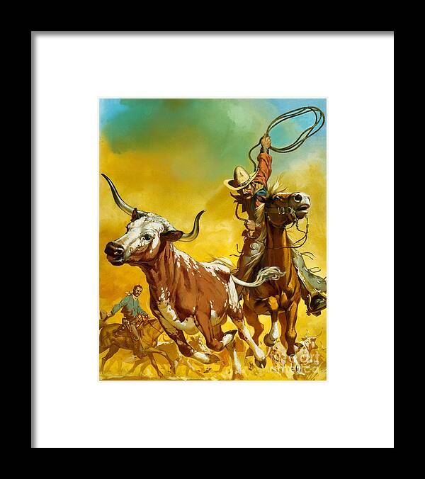 Cowboy Framed Print featuring the painting Cowboy lassoing cattle by Angus McBride