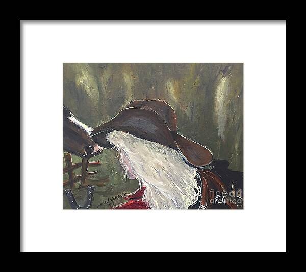 Cowgirl Horse Riding Hat Horseshoe Blondie Hair Girl Woman Fence Forest Tree Horse Lover Brown Red Saddle Acrylic On Canvas Print Painting Framed Print featuring the painting Cowgirl by Miroslaw Chelchowski