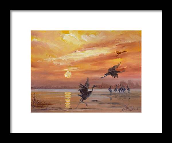 Sunset Framed Print featuring the painting Cranes - golden sunset by Irek Szelag