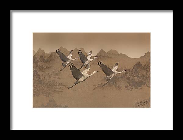 Asian Framed Print featuring the painting Cranes Migrating Over Mongolia by M Spadecaller