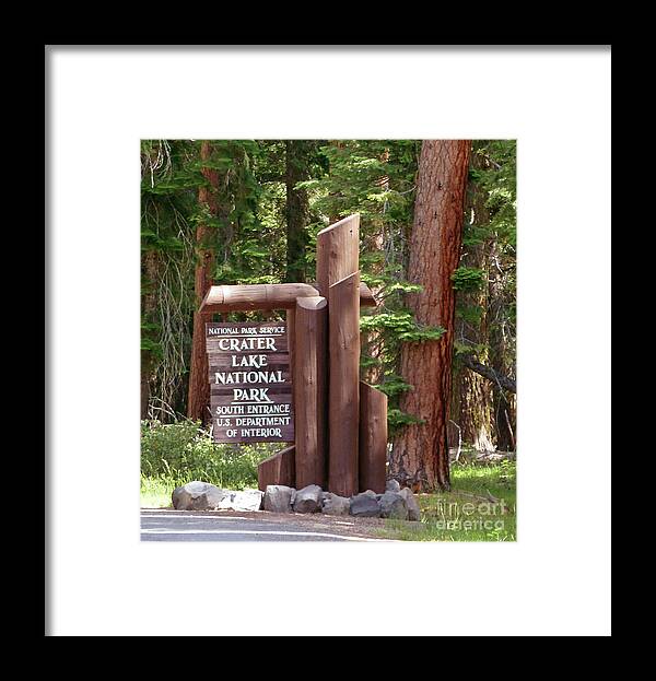 Crater Lake Entrance Sign Framed Print featuring the photograph Crater Lake Entrance Sign by Two Hivelys