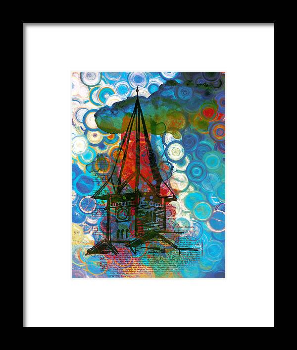 Crazy House In The Clouds Whimsy Framed Print featuring the painting Crazy Red House In The Clouds Whimsy by Georgiana Romanovna