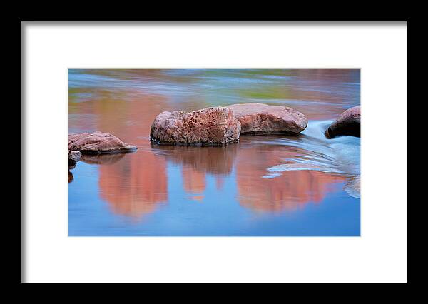 Red Rocks Framed Print featuring the photograph Creek Rocks with Cathedral Rock Reflection by Bob Coates