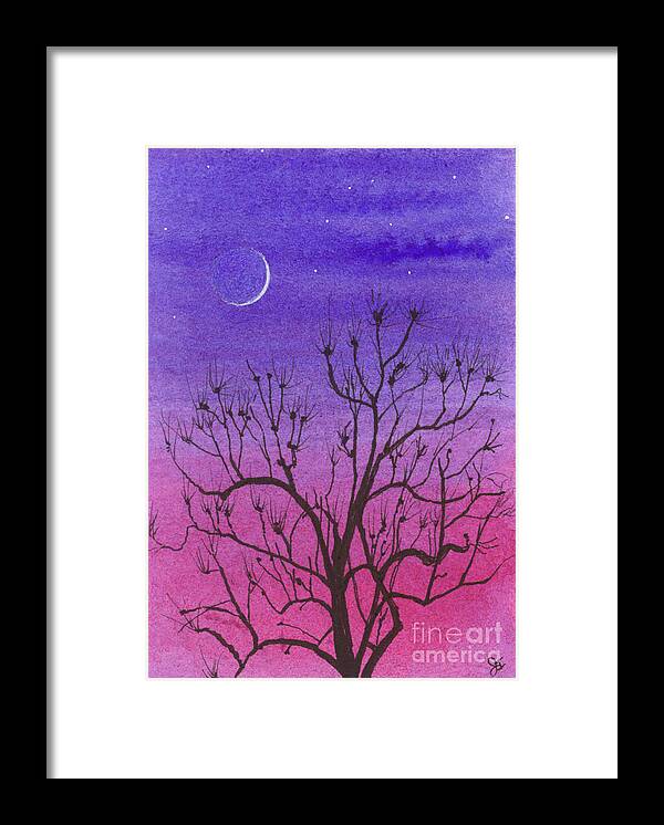 Watercolor Framed Print featuring the painting Crescent Moon and Peculiar Tree by Jackie Irwin