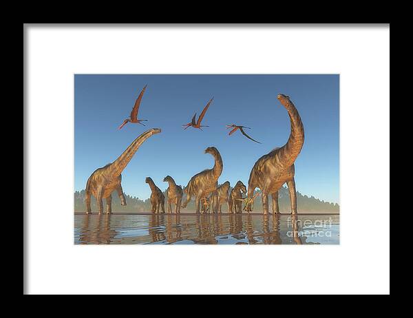 Argentinosaurus Framed Print featuring the digital art Cretaceous Argentinosaurus Herd by Corey Ford