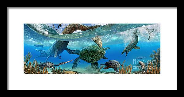 Paleoart Framed Print featuring the digital art Cretaceous Marine Scene by Julius Csotonyi