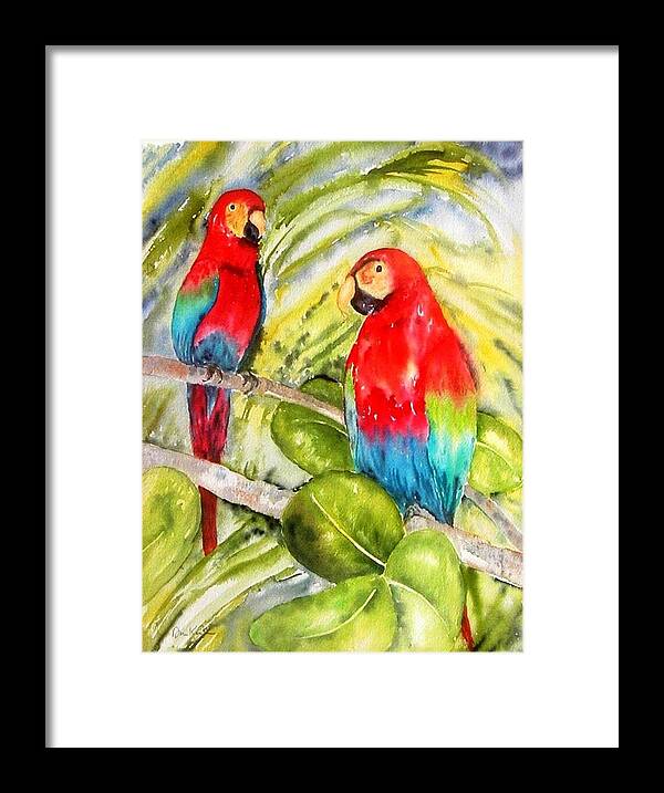 Birds Framed Print featuring the painting Crimson Macaws by Diane Kirk