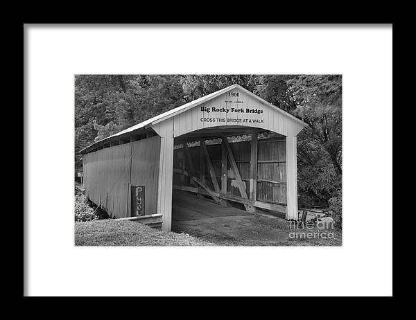 Big Rocky Fork Covered Bridge Framed Print featuring the photograph Crossing Big Rocky Fork Creek Black And White by Adam Jewell