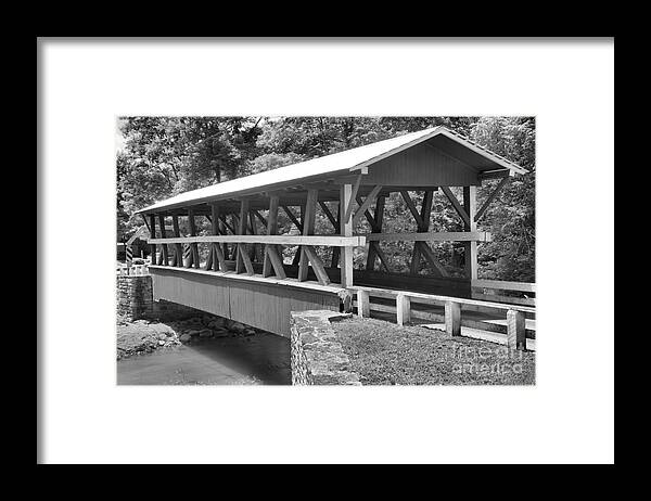 Colvin Covered Bridge Framed Print featuring the photograph Crossing Shawnee Creek Black And White by Adam Jewell