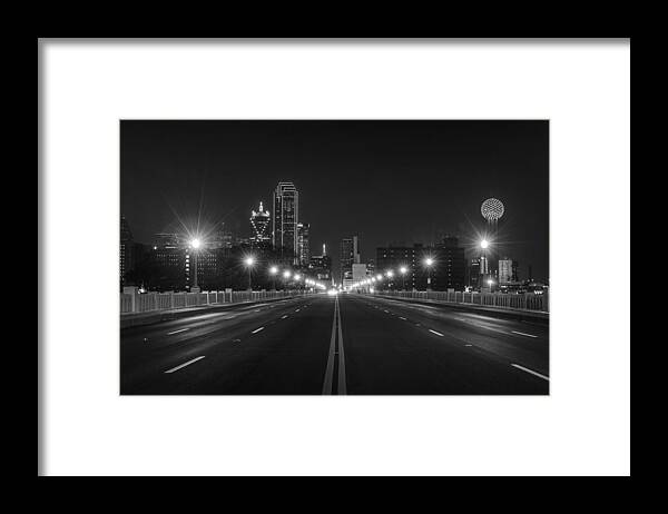 Dallas Framed Print featuring the photograph Crossing The Bridge to DownTown Dallas at Night in Black and White by Todd Aaron