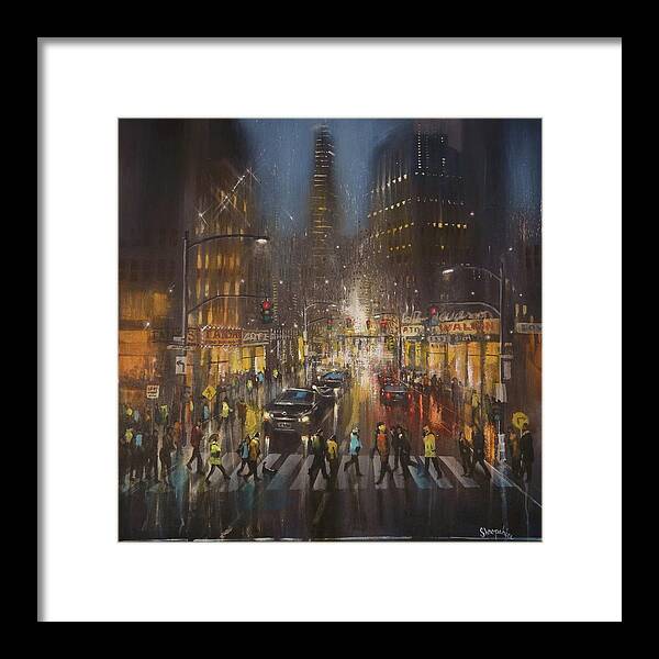 City Rain Framed Print featuring the painting Crosswalk by Tom Shropshire