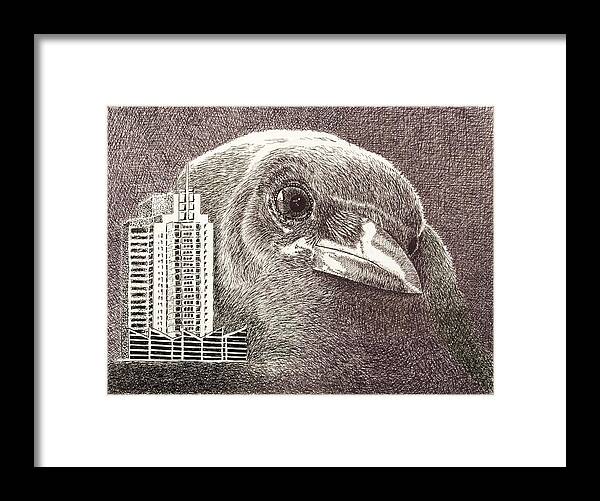 Pen Framed Print featuring the drawing Crow over casino windsor by Wade Clark