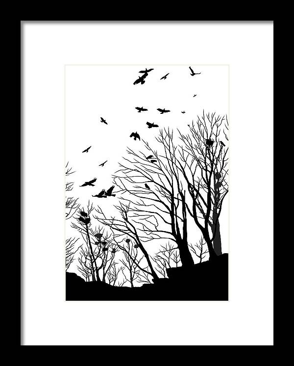 Crows Framed Print featuring the digital art Crows Roost 2 - Black and White by Philip Openshaw