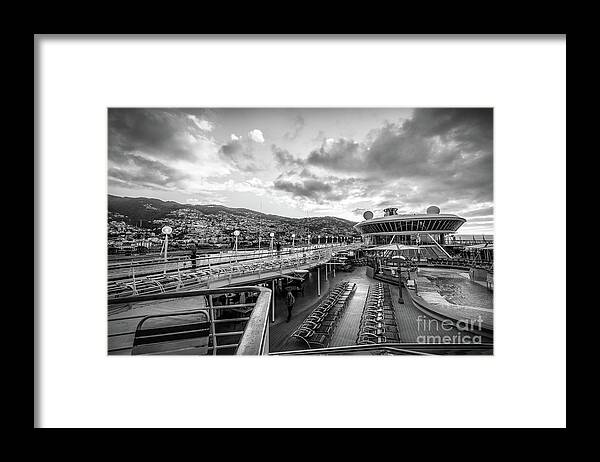 Atlantic Ocean Framed Print featuring the photograph Cruise Ship Sunrise Arrival In Funchal, Portugal, Blk Wht by Liesl Walsh