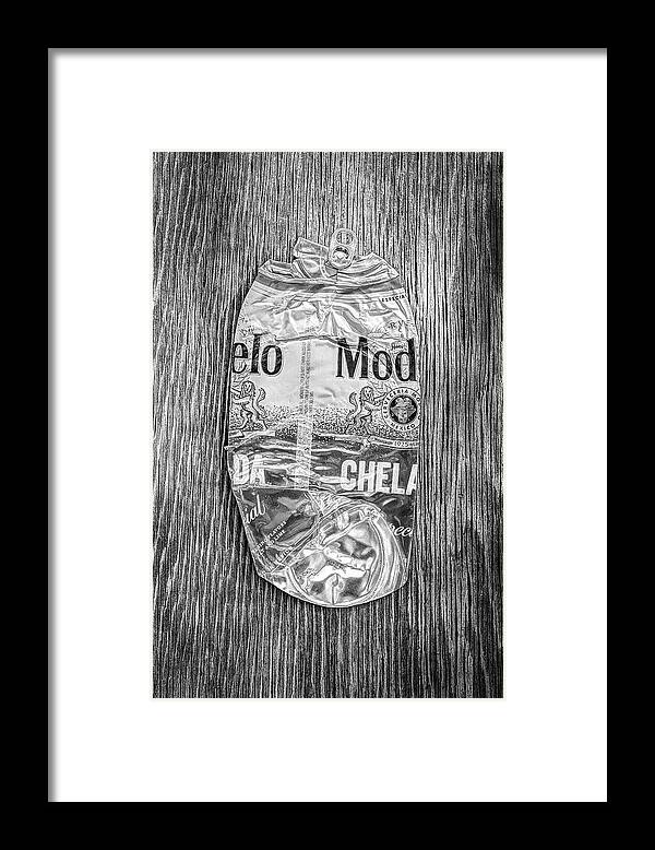 Beer Can Framed Print featuring the photograph Crushed Beer Can Red Chelada on Plywood 83 in BW by YoPedro