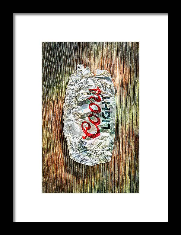 Can Framed Print featuring the photograph Crushed Light Silver Beer Can on Plywood 79 by YoPedro