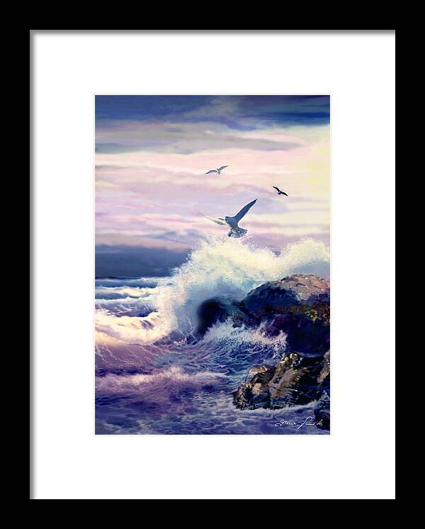 Crushing Waves And Rock Formation Framed Print featuring the painting Crushing Waves and Rockformation by Regina Femrite