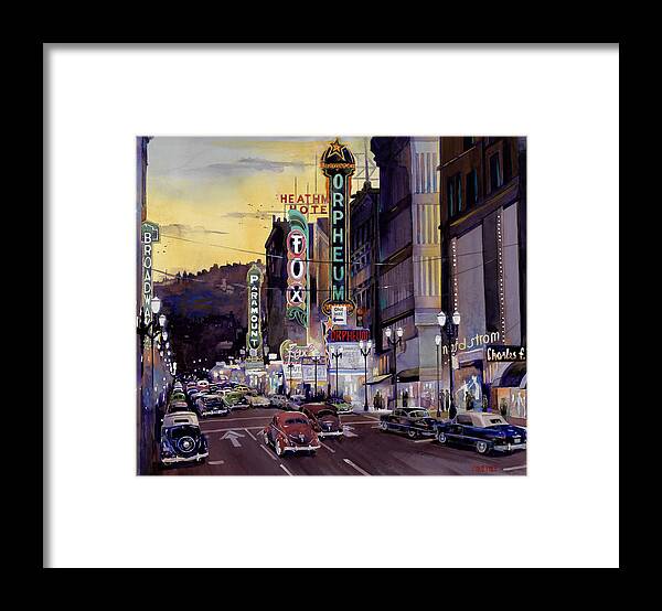 Portland Oregon Broadway Orpheum Theatre Theater Fox Theatre Paramount Theatre Broadway Theatre Cruising Crusin Heathman Hotel Charles F. Berg Nordstroms Watercolor Painting 1950 Ford 1936 1940 1948 1951 Mercury Hudson Mid Century Classics Antique Collector Cars Automobiles Drag Gut Strip Framed Print featuring the painting Crusin' Broadway in the Fifties by Mike Hill