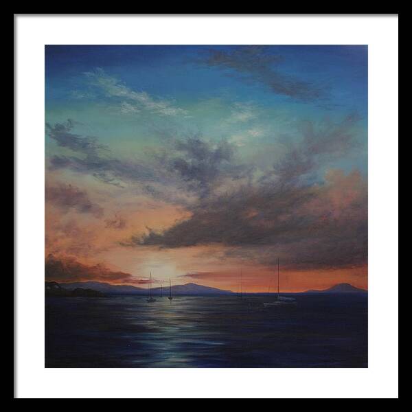 Tropical Seascape Framed Print featuring the painting Cruz Bay Sunset by Alan Zawacki by Alan Zawacki
