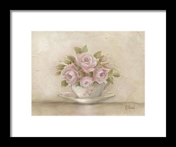 Shabby Chic Roses Framed Print featuring the painting Cup And Saucer Pink Roses by Chris Hobel