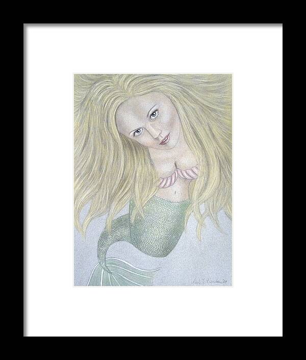 Blue Framed Print featuring the drawing Curious Mermaid - Graphite and Colored Pastel Chalk by Nicole I Hamilton