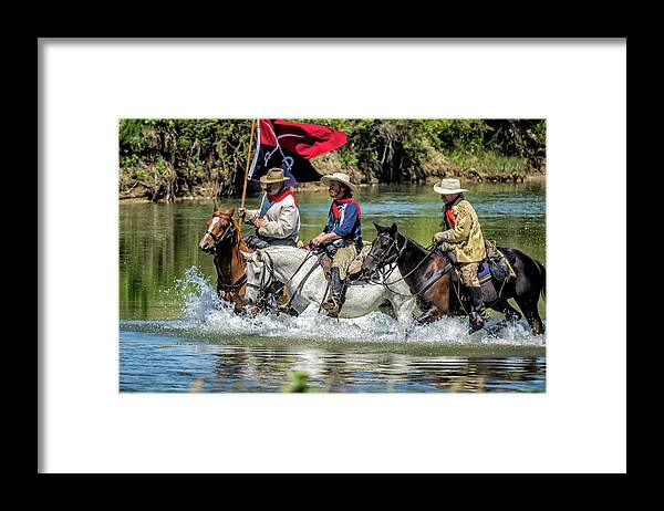 Little Bighorn Re-enactment Framed Print featuring the photograph Custer Crossing Little Bighorn River by Donald Pash