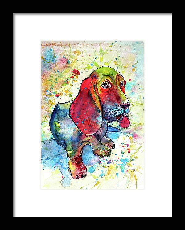 Dog Framed Print featuring the painting Cute basset hound by Kovacs Anna Brigitta