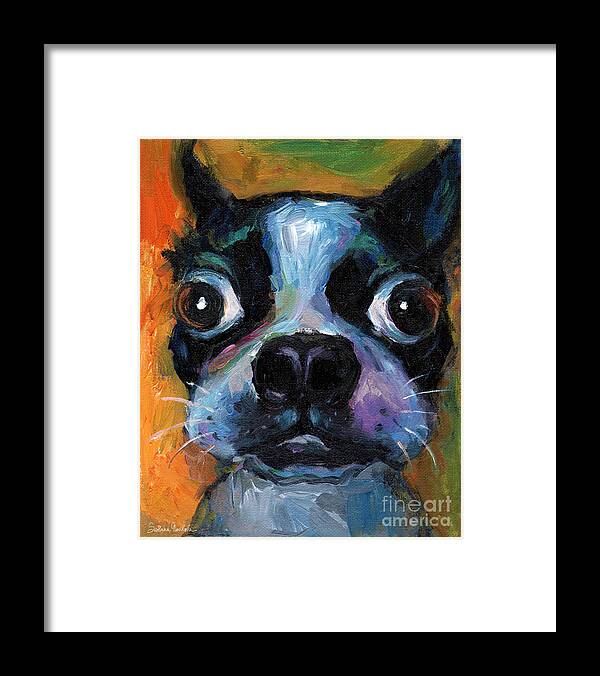 Cute Boston Terrier Framed Print featuring the painting Cute Boston Terrier puppy art by Svetlana Novikova