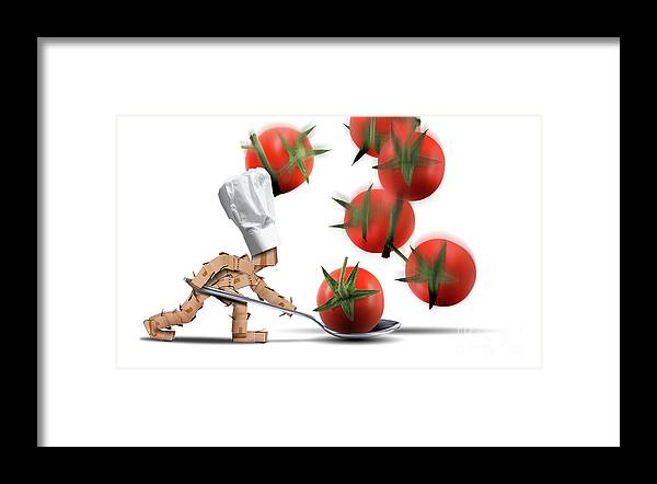 Kitchen Framed Print featuring the digital art Cute chef box character catching tomatoes by Simon Bratt