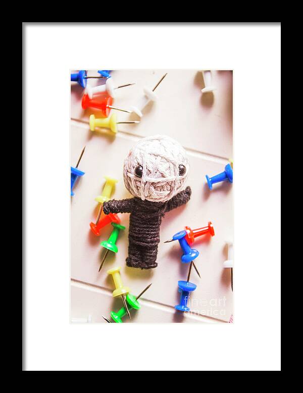 Sorcery Framed Print featuring the photograph Cute doll made from yarn surrounded by pins by Jorgo Photography