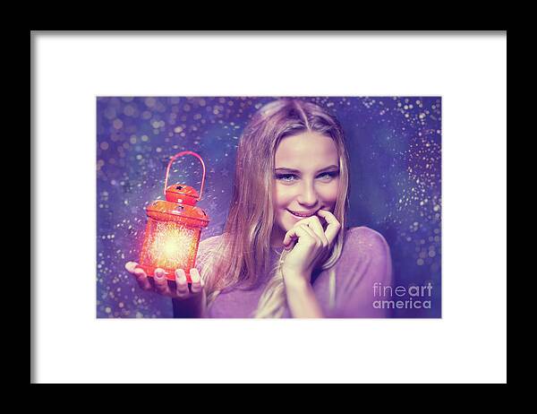 Background Framed Print featuring the photograph Cute girl at Christmas eve by Anna Om