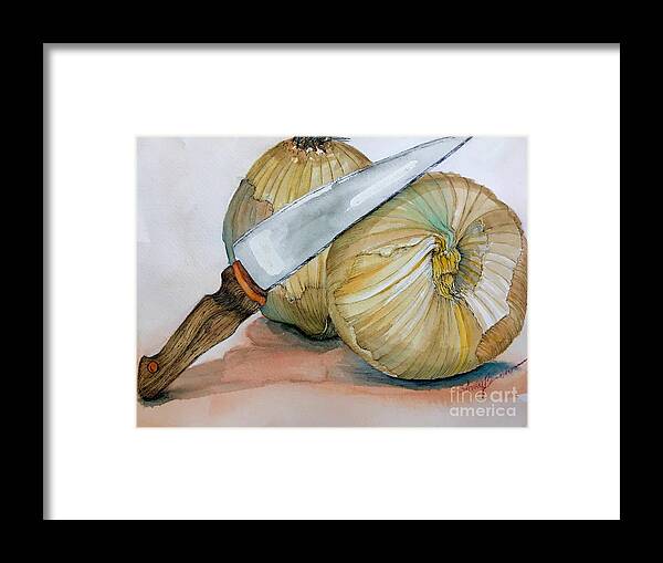 Kitchen Framed Print featuring the painting Cutting Onions by Mastiff Studios