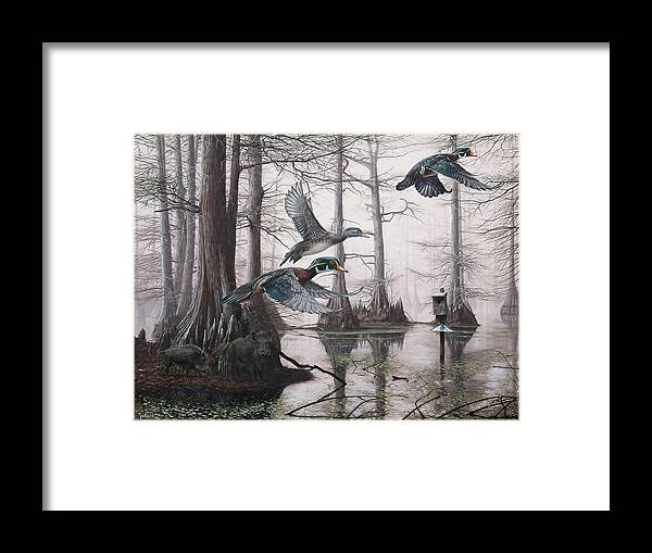 Duck Hunting Framed Print featuring the painting Cypress Bayou Neighbors by Glenn Pollard