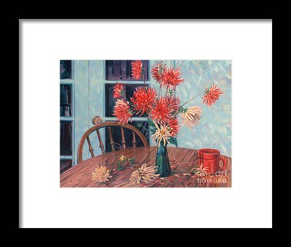 Still Life Framed Print featuring the painting Dahlias with Red Cup by Donald Maier