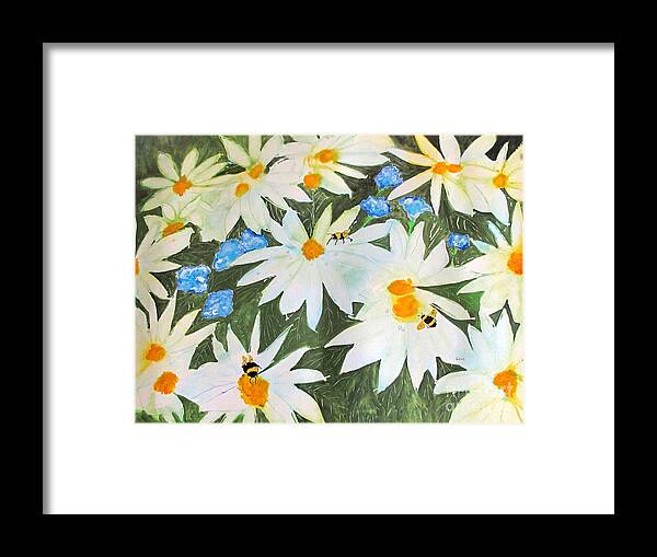 Daisies Framed Print featuring the painting Daisies and Bumblebees by Sandy McIntire