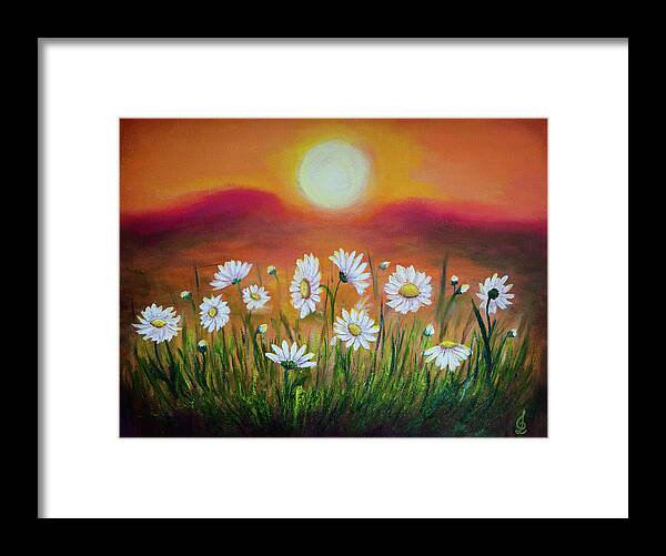 Daisies Framed Print featuring the painting Daisies at sunset by Lilia S