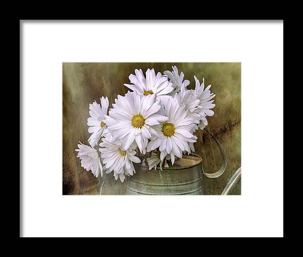 Daisies In Antique Watering Can Framed Print featuring the photograph Daisies in Antique Watering Can by Bellesouth Studio
